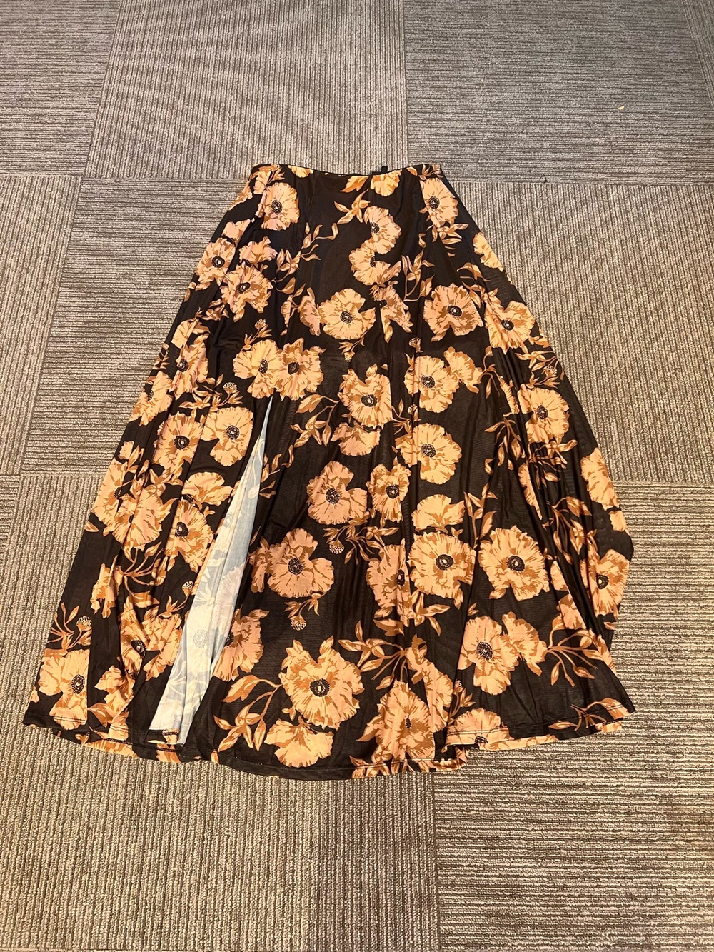 Women’s Black Floral Midi Skirt with Peach Blooms